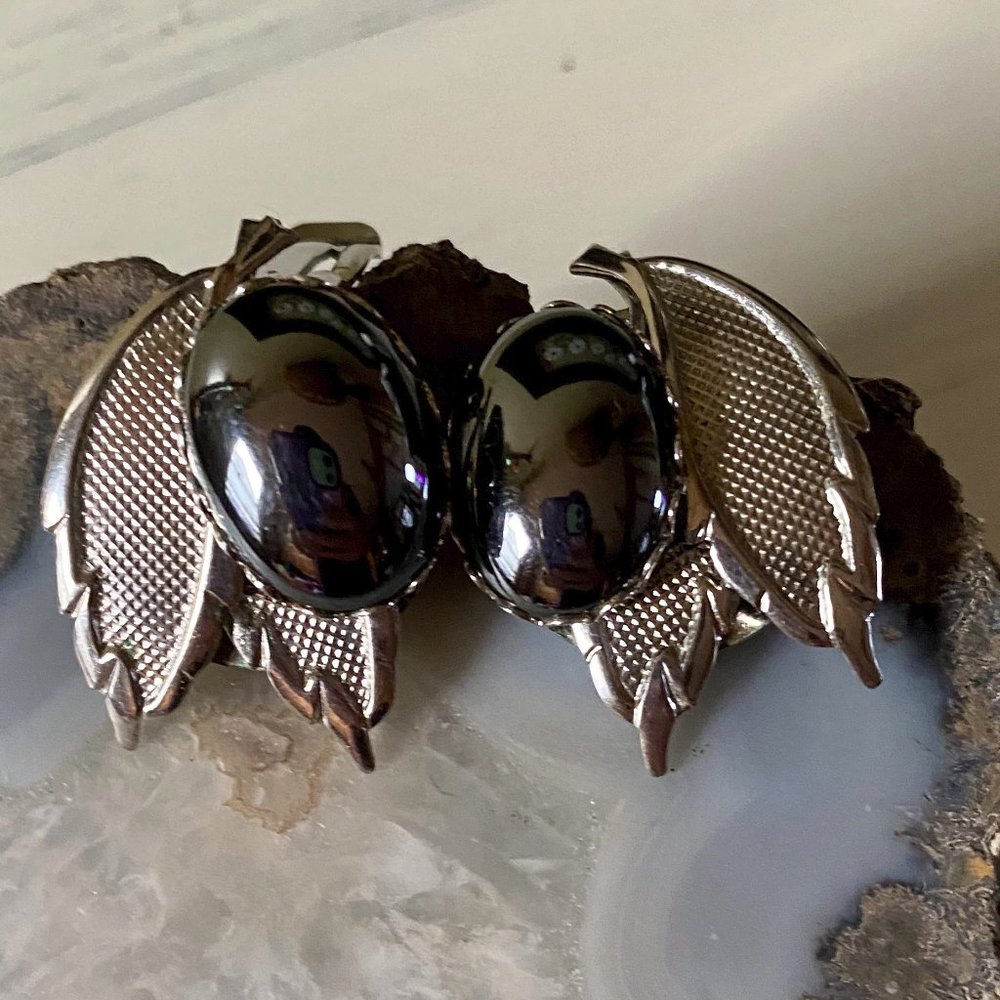 1960s hematite and leaf clip-on earrings